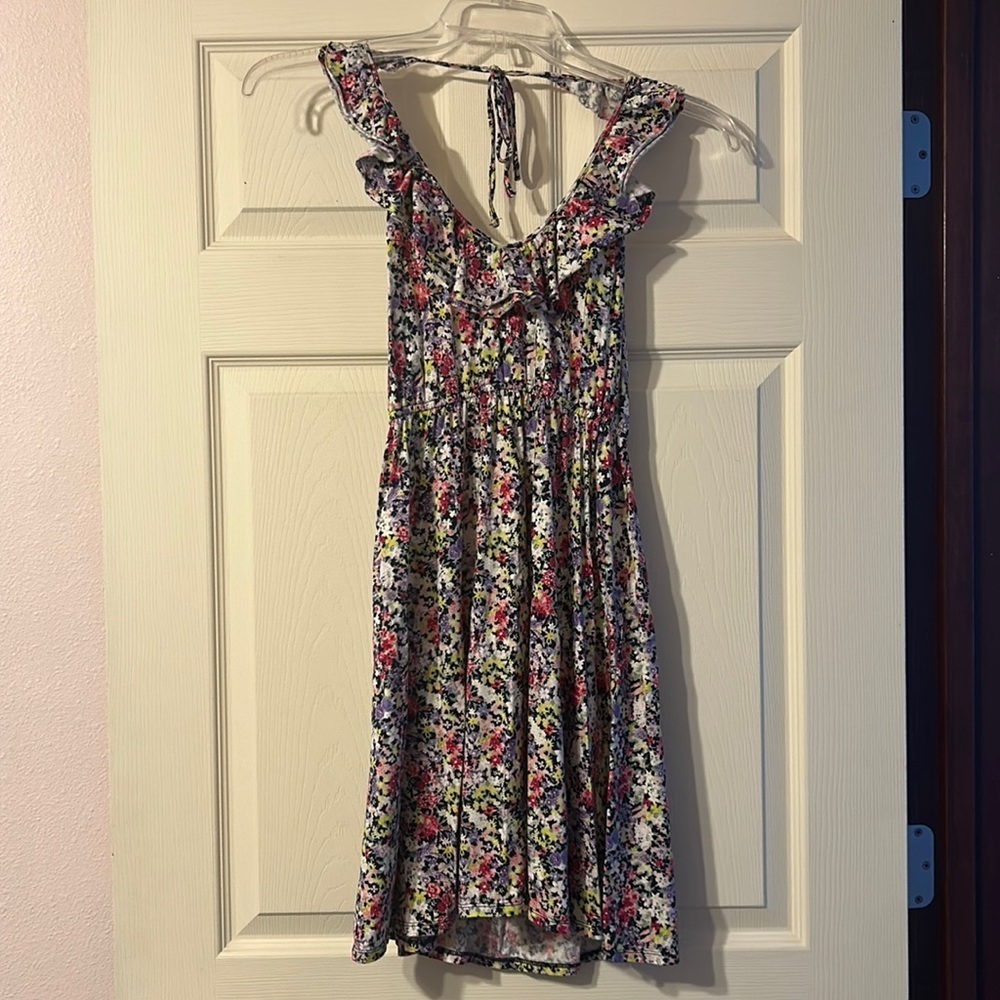 Express Navy Floral Ruffled Halter Dress Small